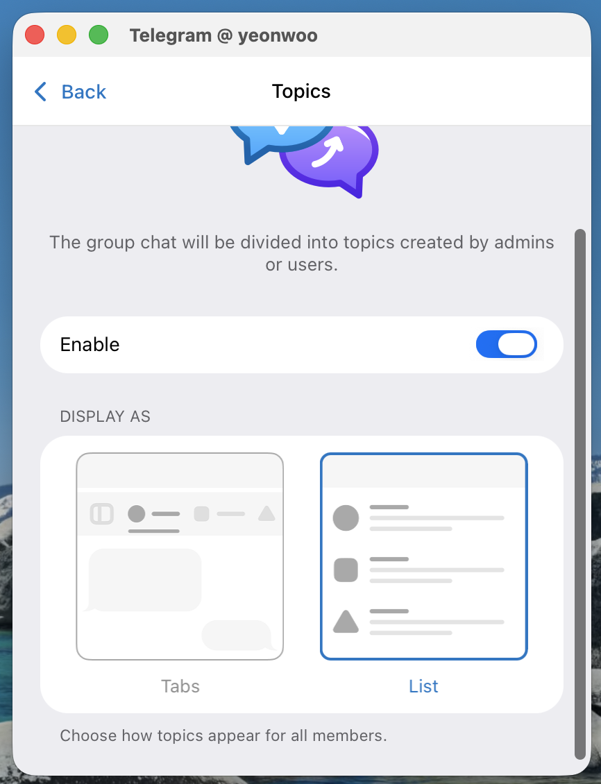 Topics Enable 토글 ON